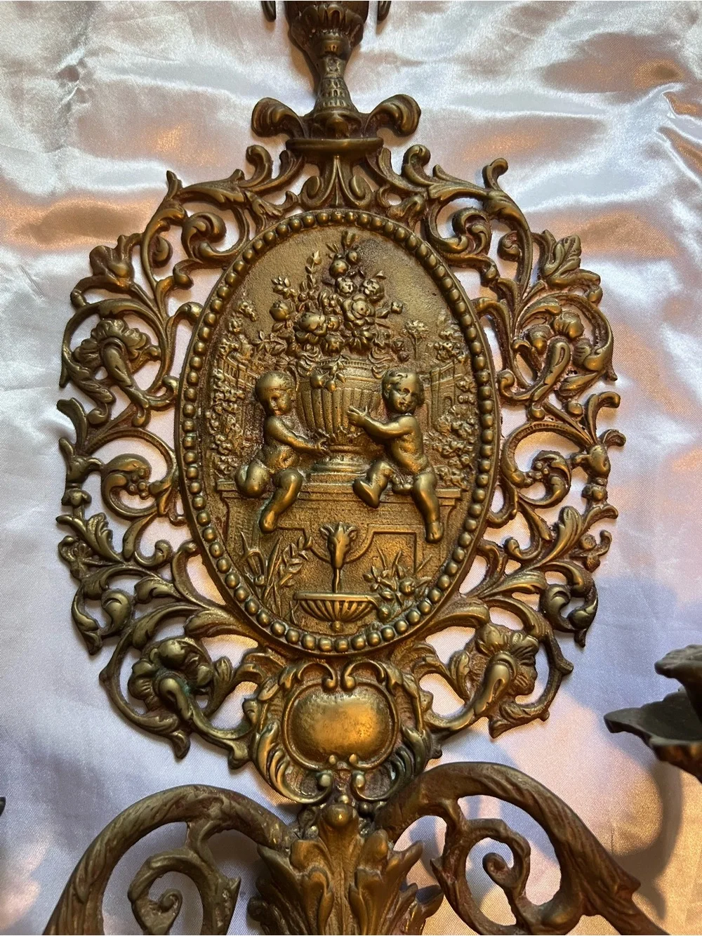 Antique Victorian Age Gold Ornate Cherub Wall Candle Sconce 2ft tall